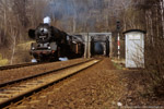 April 1987. 50 3689. Bad Schlema. . Sachsen / Die Reichenbacher 50 3689 kam im Frühjahr 1987 im Zugdienst zum Einsatz. Hier zu sehen ist sie mit dem Dg 54307 nach Schwarzenberg beim Verlassen des Schlemaer Tunnels.