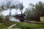 30. Mai 1987. 50 3551. Zwickau. . Sachsen / 50 3551 hat mit der Übergabe zum Bahnhof Pöhlauer Straße in Zwickau soeben die Mulde überquert. Das Personal brachte von dieser morgendlichen Tour übrigens den Flieder mit, der die Lokomotiven auf ihrer letzten Fahrt nach Schwarzenberg schmückte.