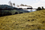 Juli 1987. 50 3600. Raschau-Markersbach. Markersbach. Sachsen / 50 3600 mit dem Containerzug nach Annaberg hat schwer zu arbeiten. Allein auf den 13,5km zwischen Schwarzenberg und Scheibenberg muß ein Höhenunterschied von fast 200m überwunden werden.