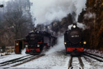 13. Februar 1988. 99 747. 99 1771. Rabenau. . Sachsen / Zwei Sonderzüge im Bahnhof Rabenau, 99 747 überholte den von 99 1771 gezogenen Zug.