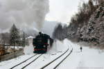 13. Februar 1988. 99 747. Altenberg. Kurort Kipsdorf. Sachsen / Die stärkste Steigung der Strecke befindet sich unmittelbar vor der Einfahrt in den Endbahnhof Kipsdorf.