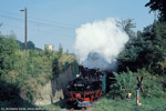 8. September 2002. 99 1608. Freital-Hainsberg / Mit ihrem ersten Zug kehrt 99 1608 an diesem Tag aus Freital-Potschappel zurück.