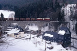 14. März 2005. MEG 203. Wurzbach. Klettigshammer. Thüringen / MEG 203 überquert mit einem schweren Holzzug die Steinbogenbrücke am Ortseingang von Wurzbach.