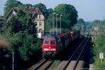 10. Mai 2006. 232 653. Elsteraue. . Sachsen-Anhalt / Der Leerzug, den 232 653 gemeinsam mit einer zweiten Lokomotive gegen 6 Uhr im Übergabebahnhof Mumsdorf abgeholt hatte, durchfährt ca. 2 Stunden später den Bahnhof Reuden. Bis zum Ziel der Fahrt in Profen, sind es nur noch wenige Minuten Fahrzeit.