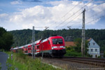 22. Juli 2014. 182 017. Rathen. Oberrathen. Sachsen / Zug der Linie S1 nach Schöna kurz nach Verlassen des Bahnhofs Rathen.