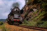 12. Juni 1988. 50 3670. Colditz. . Sachsen / 50 3670 mit Gag 56353 passiert bei Lastau einen Felsen mit der Aufschrift ''Willkommen Dampflok! Am 15.3.1982''.