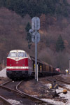 MEG 203 wartet im Bahnhog Leutenberg eine Kreuzung mit einer entgegenkommenden Regionalbahn ab. Die auffälligen Signalschirme gehören zu EZMG-Signalen, einer zu Zeiten der DDR aus der Sowjetunion importierten Stellwerkstechnik.